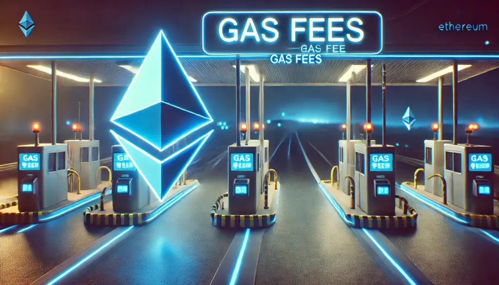 A digital toll booth with an Ethereum symbol, symbolizing gas fees on the blockchain.