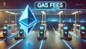 A digital toll booth with an Ethereum symbol, symbolizing gas fees on the blockchain.