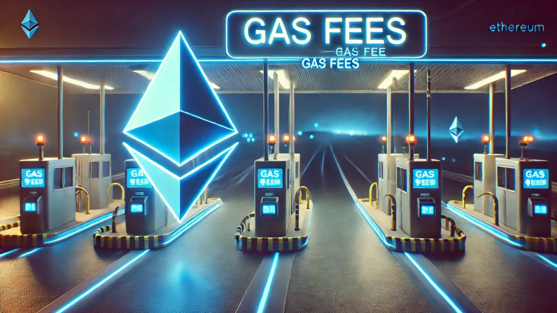 A digital toll booth with an Ethereum symbol, symbolizing gas fees on the blockchain.